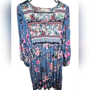 Umgee Boho Multi-colored Flowy Midi Dress Sun Button Detail Babydoll Size Large